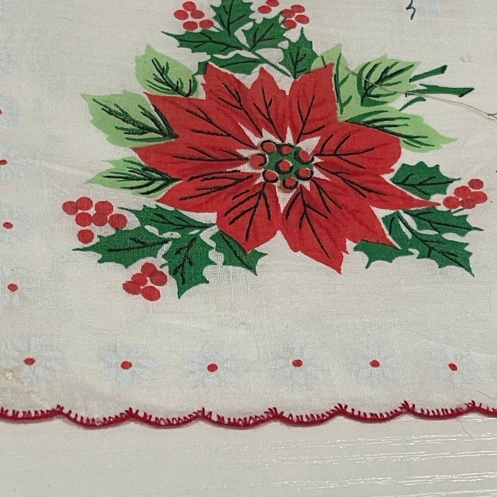 Vintage Linen Christmas Hankie Handkerchief Bandanna 14” Wide Hanky